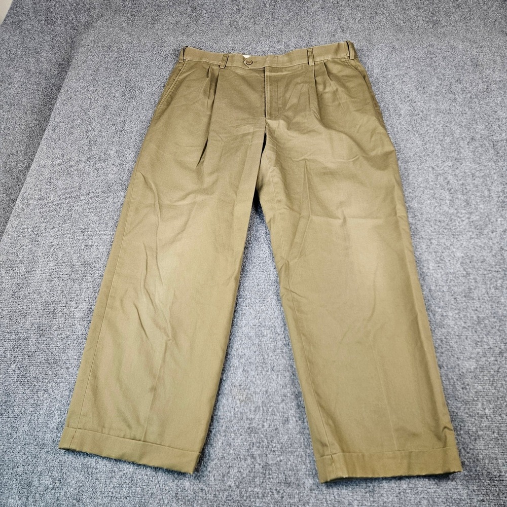 Austin Reed Mens 38 Pleated Khaki Dress Pants Cuffed Olive Green Cotton Blend